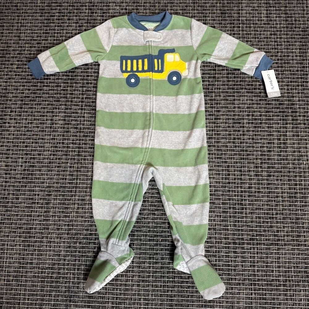 Carter's Baby Boys' Fleece Pajamas 12M Green/Gray Stripes Dump Truck